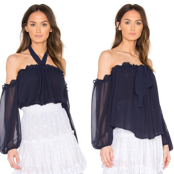 Misa LA Livey Top Navy Off The Shoulder Halter Blouse Chiffon Womens Size Medium - Picture 15 of 16